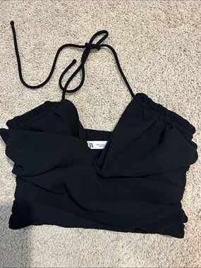 Zara Black Ruched Halter Crop Top | Open Shoulder Going Out Top